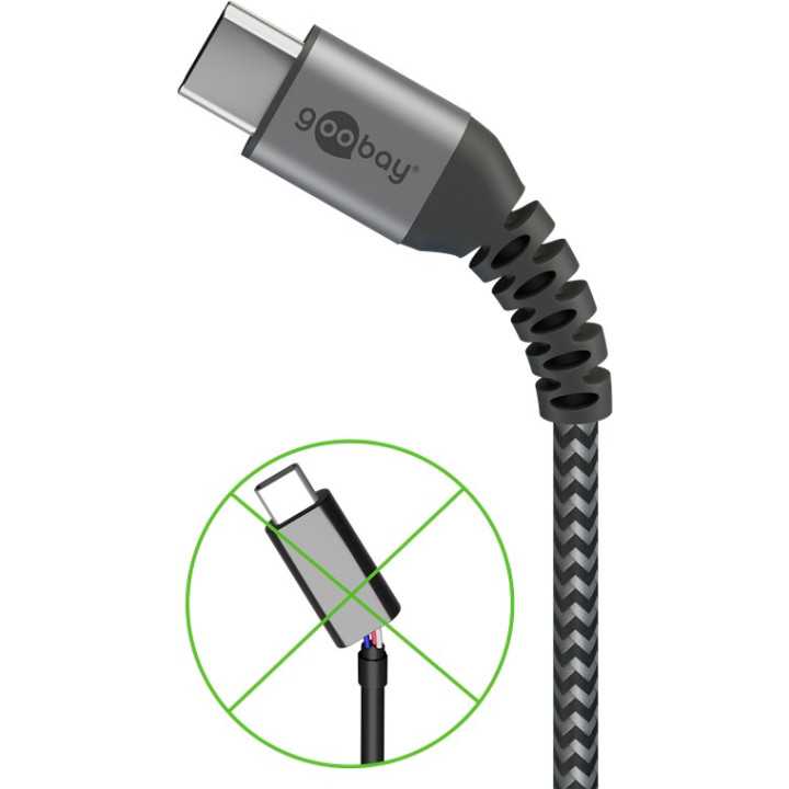 Cablu de date si incarcare USB type C 1m 3A gri/argintiu textil flexibil Goobay 49296