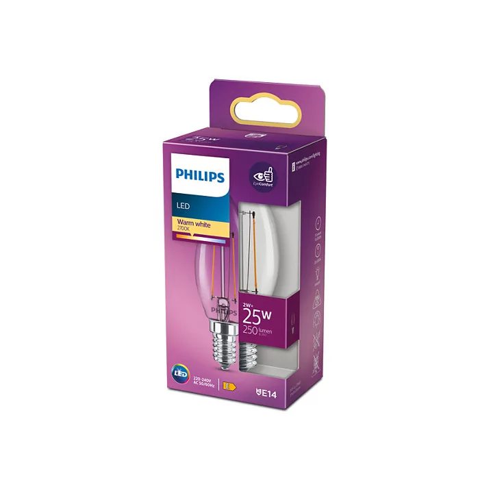Bec LED filament Philips lumanare B35 E14 2W (25W) 250lm lumina calda 2700K 929001238395