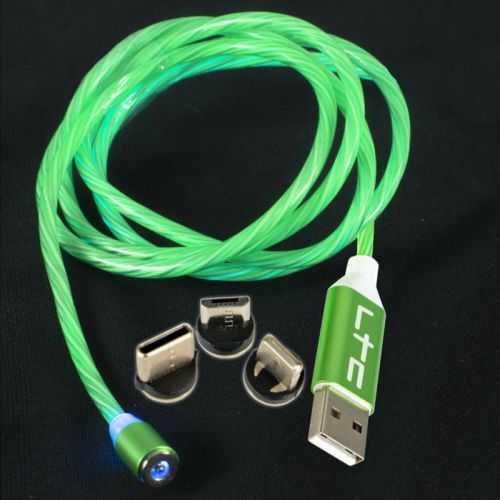 Cablu 1m 3in1 USB TYPE C iPhone Micro USB iluminat LED verde