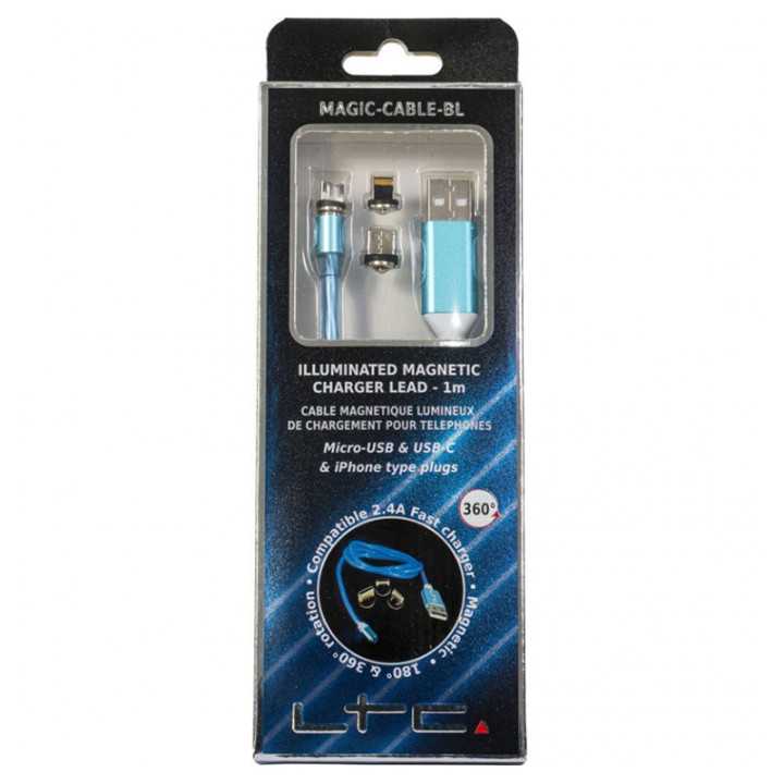 Cablu 1m 3in1 USB TYPE C iPhone Micro USB iluminat LED albastru