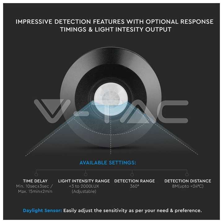 Senzor miscare cu montaj pe tavan 360 grade negru max 2000W V-TAC
