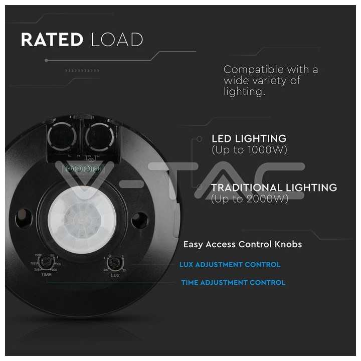 Senzor miscare cu montaj pe tavan 360 grade negru max 2000W V-TAC
