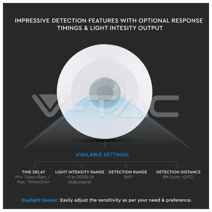 Senzor miscare cu montaj pe tavan 360 grade alb max 2000W V-TAC