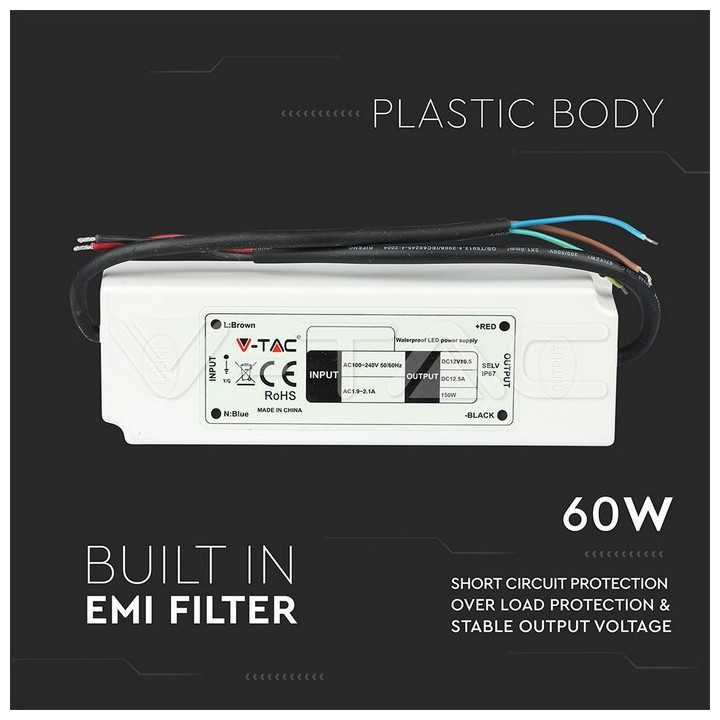 Sursa alimentare slim IP67 12V 5A 60W V-TAC