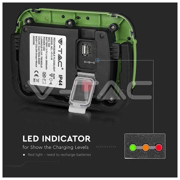 Reflector portabil 10W IP44 4000K 700lm cu functie S.O.S + USB cip SAMSUNG V-TAC