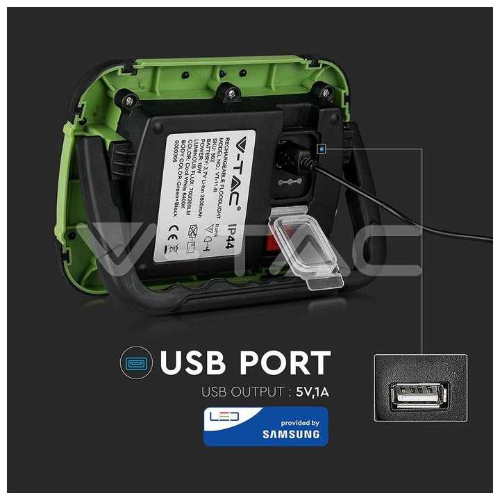 Reflector portabil 10W IP44 4000K 700lm cu functie S.O.S + USB cip SAMSUNG V-TAC