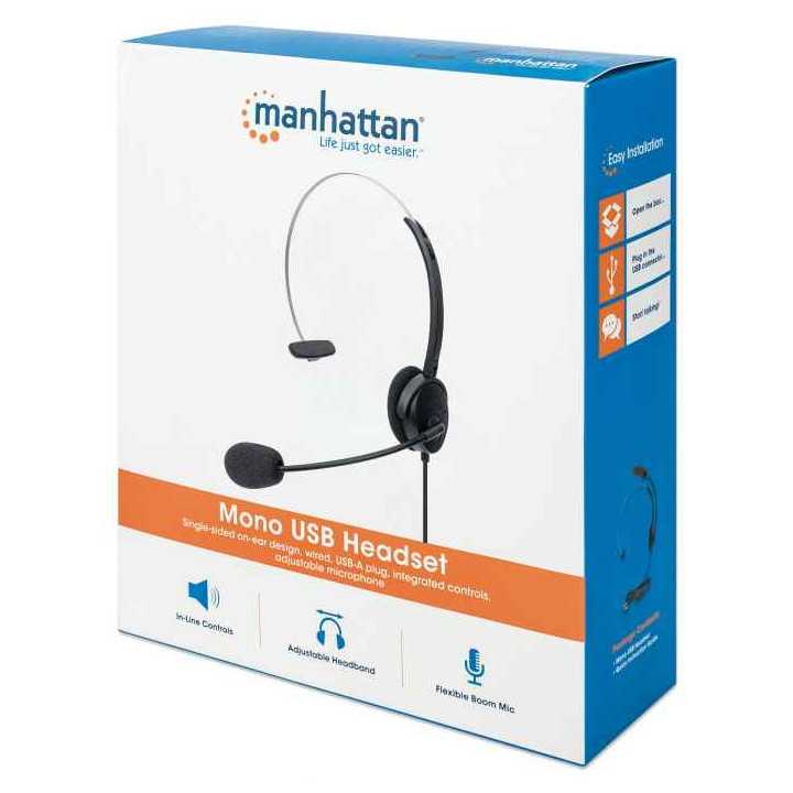 Casti mono On-Ear cu microfon USB control volum 1.5m 179867 Manhattan