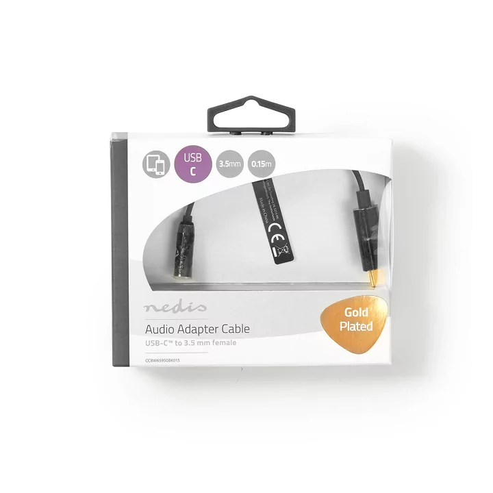 Cablu adaptor USB TYPE C tata - Jack 3.5 mm mama 15cm aurit negru Nedis