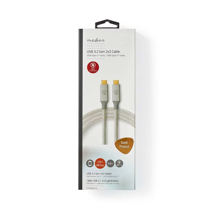 Cablu USB 3.2 Gen2x2 TYPE C tata-tata 2m 20Gbps 100W 5A argintiu Nedis