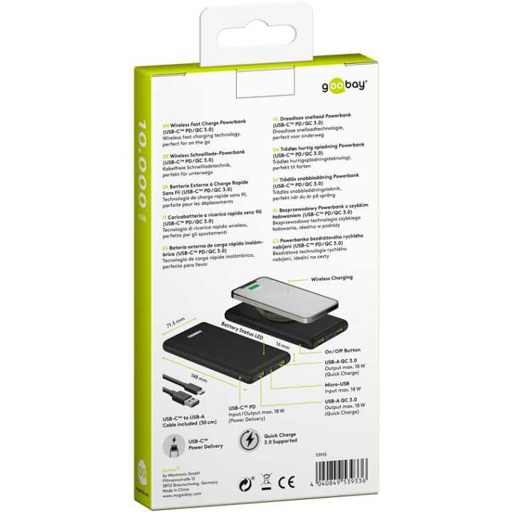 Power Bank acumulator extern wireless 10000mAh USB TYPE C PD QC3.0 Fast Charger Goobay