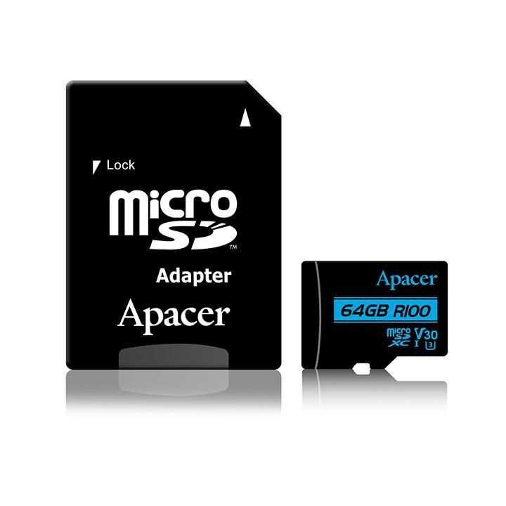 Card microSDXC UHS-I R100 Apacer 64GB clasa10 Ultra HD Video cu adaptor SD AP64GMCSX10U7-R