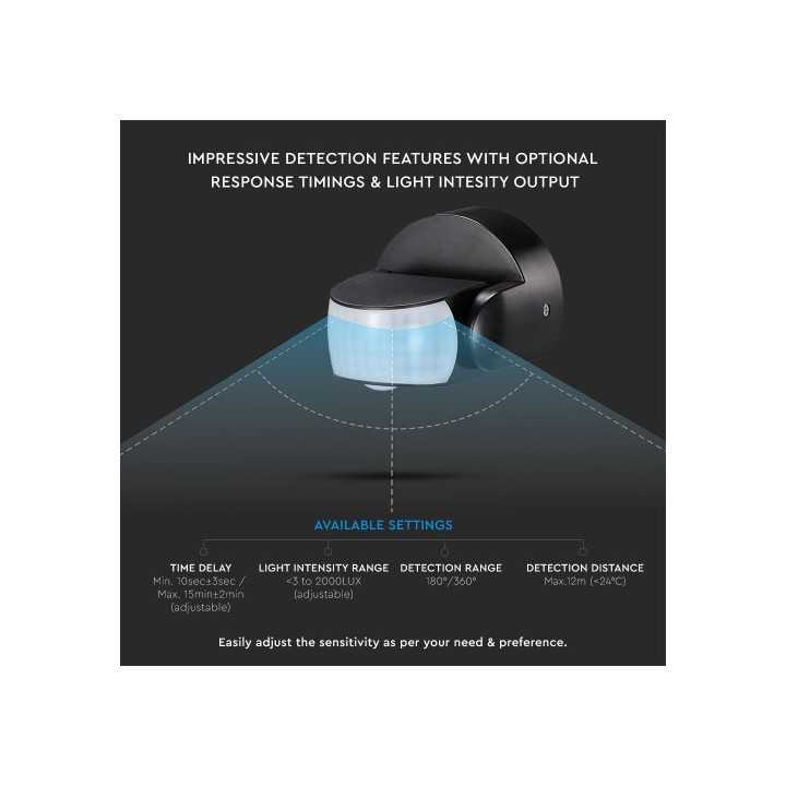 Senzor de miscare 180/360 grade 12m 1200W negru V-TAC