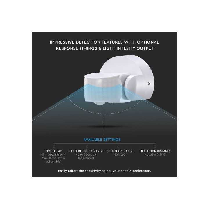 Senzor de miscare 180/360 grade 12m 1200W ALB V-TAC