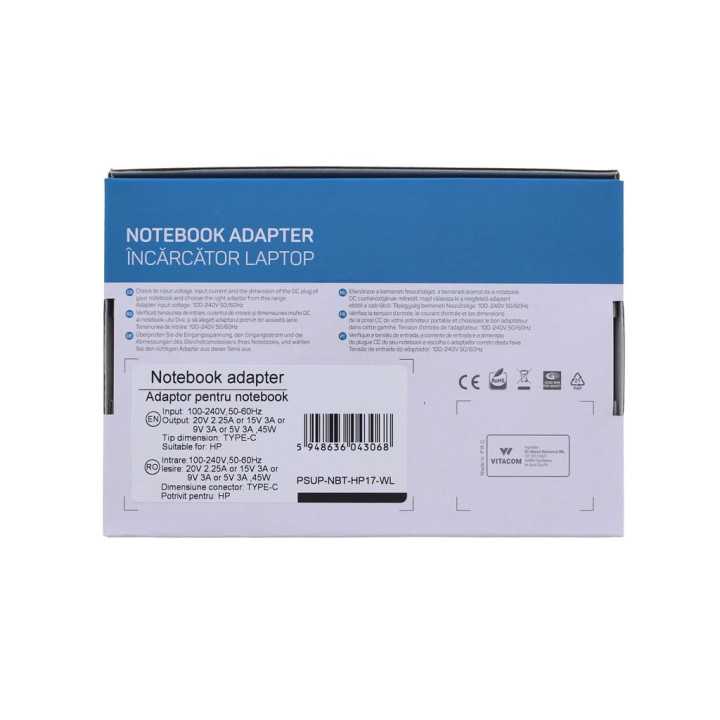 Alimentator pentru laptop HP 5V/3A 9V/3A 15V/3A 20V/2.25A 45W USB type C Well