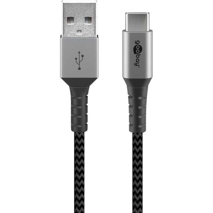 Cablu de date si incarcare USB A - USB type C 2m gri/argintiu textil flexibil Goobay 49297
