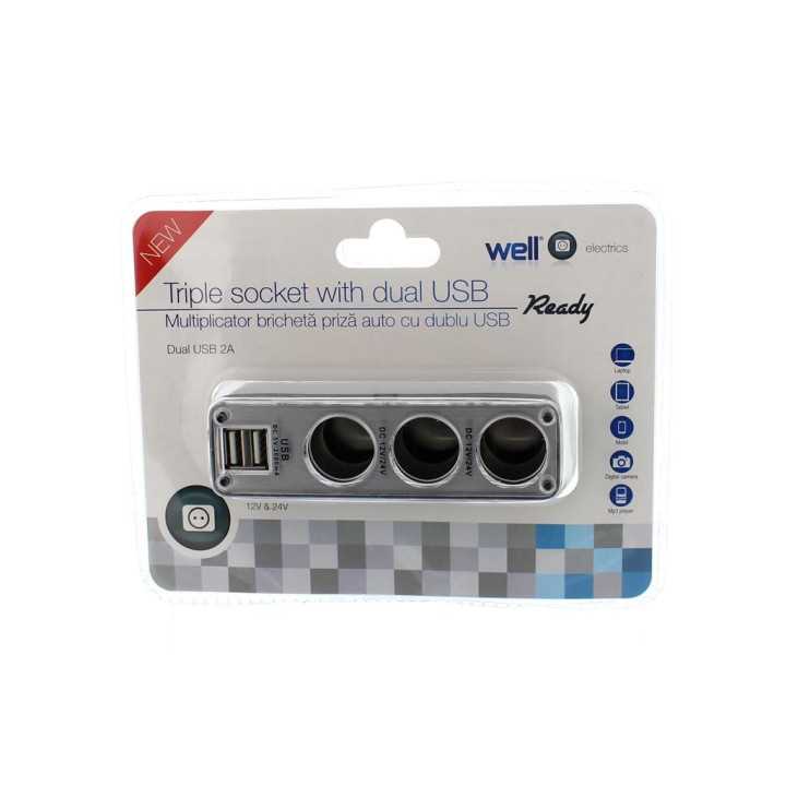 Multiplicator bricheta auto cu 3 iesiri si 2 iesiri USB 5V 2A 50W Well