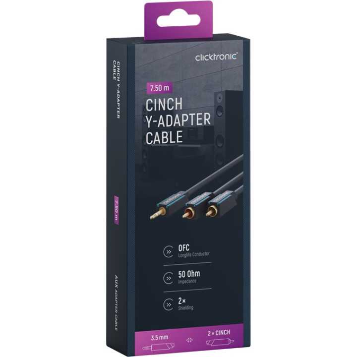 Cablu audio Profesional Jack 3.5 mm - 2x RCA 7.5m 50ohm OFC cupru dublu ecaranat fara oxigen AWG23 Clicktronic 70470