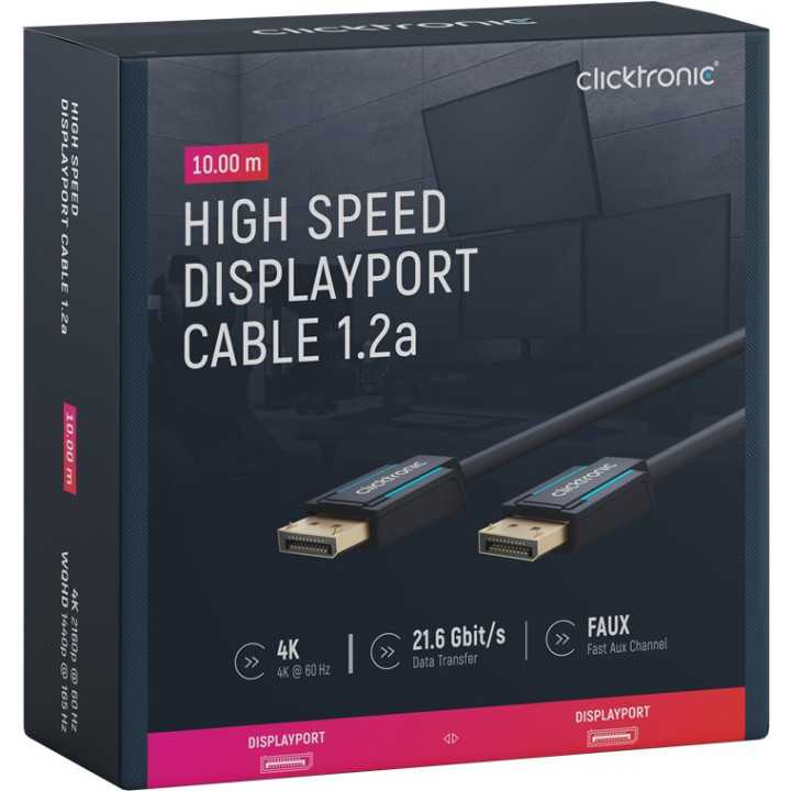 Cablu Profesional DisplayPort - DisplayPort 10m v1.2a 4K 60Hz 21.6Gbit/s AWG26 OFC Clicktronic 70715