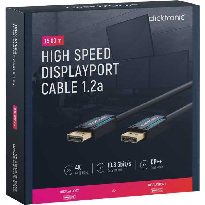 Cablu Profesional DisplayPort - DisplayPort 15m v1.2a 4K 60Hz 21.6Gbit/s AWG24 OFC Clicktronic 70716