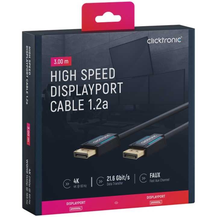 Cablu Profesional DisplayPort - DisplayPort 3m v1.2a 4K 60Hz 21.6Gbit/s AWG26 OFC Clicktronic 70712