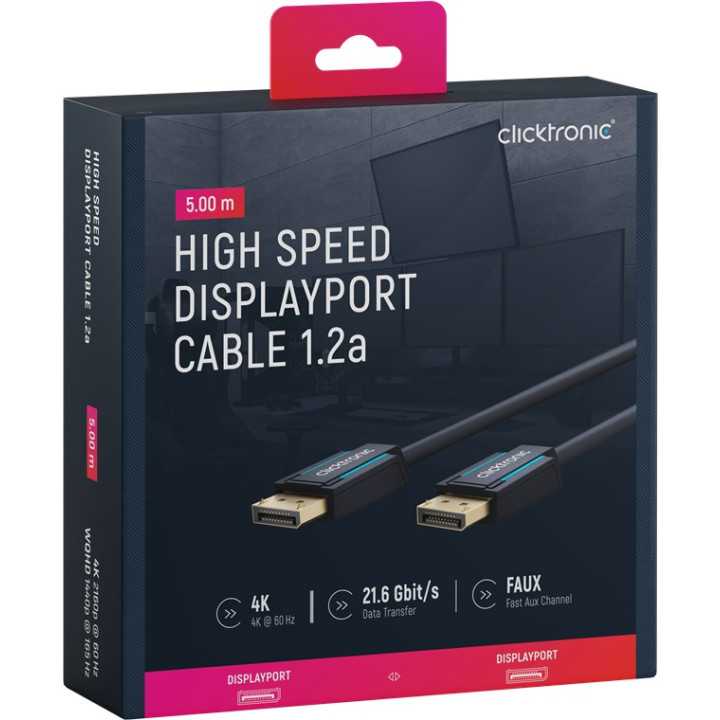 Cablu Profesional DisplayPort - DisplayPort 5m v1.2a 4K 60Hz 21.6Gbit/s AWG26 OFC Clicktronic 70713