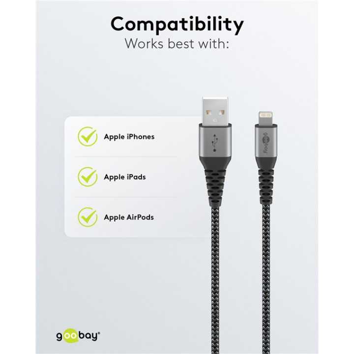 Cablu Lightning 8-Pini 0.5m Apple MFi certificat conectori metalici robust textil argintiu Goobay 49267