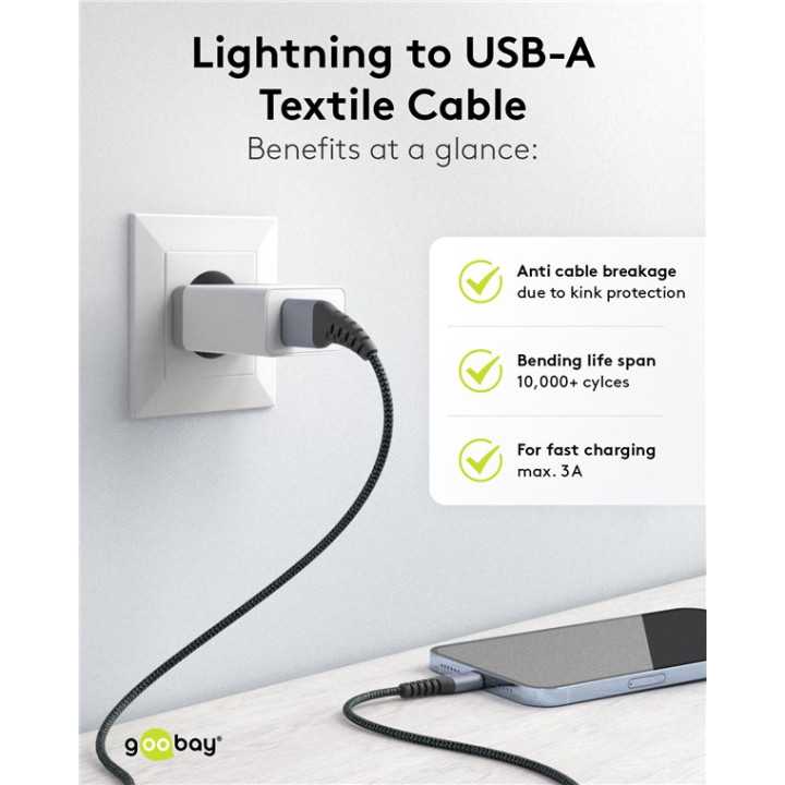 Cablu Lightning 8-Pini 0.5m Apple MFi certificat conectori metalici robust textil argintiu Goobay 49267