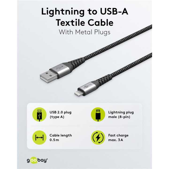 Cablu Lightning 8-Pini 0.5m Apple MFi certificat conectori metalici robust textil argintiu Goobay 49267