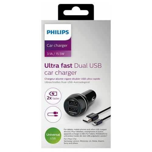 Incarcator auto dual 2x USB ULTRA-RAPID 15.5W 3.1A cu protectie + cablu micro USB PHILIPS PH-DLP2357U