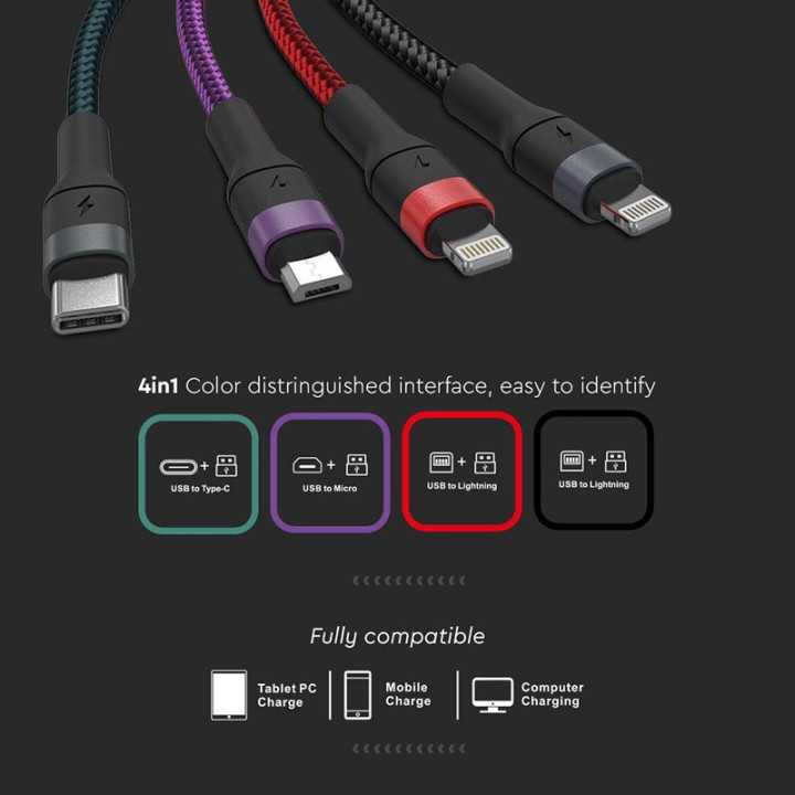 Cablu 4in1 USB TYPE C MICRO USB LIGHTNING - USB 2.4A 1.2m V-TAC SKU-7748