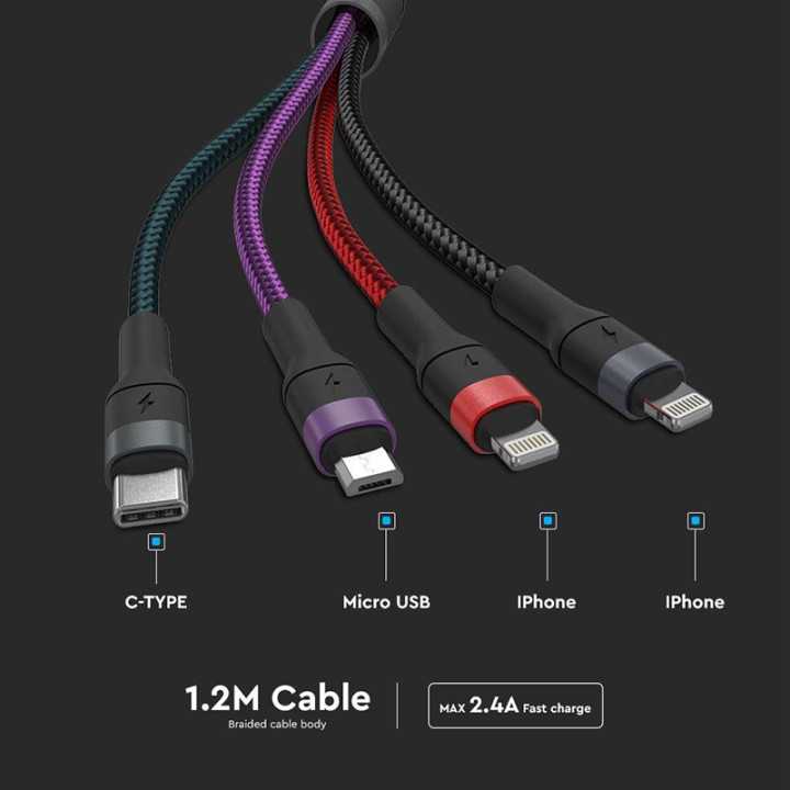 Cablu 4in1 USB TYPE C MICRO USB LIGHTNING - USB 2.4A 1.2m V-TAC SKU-7748