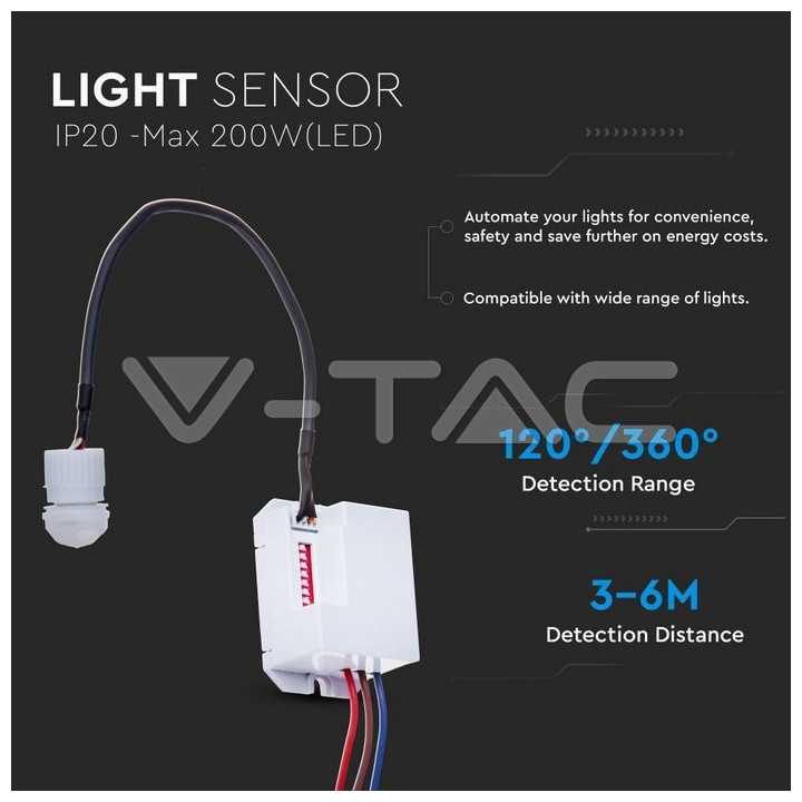 Mini senzor de miscare 6m 230V 400-800W 37x26x56 mm V-TAC SKU-5082