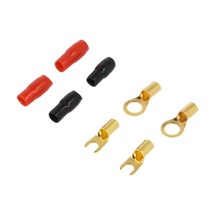 Set 4 papuci terminal 8GA 5mm izolati rosu si negru tip furca si inel pentru sertizare 4CarMedia TERMINAL-SET-8GA
