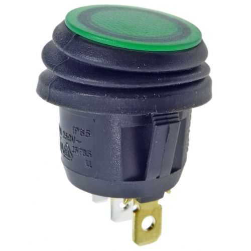 Intrerupator ROCKER SPST 2 pozitii OFF-ON cu retinere 10A/250VAC verde IP65 lampa cu neon SCI R13-112B8W-02-BGNN-0A-N2