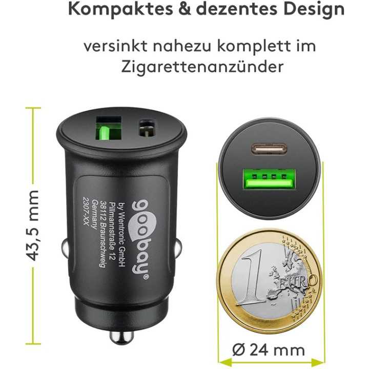 Incarcator auto 12/24V bricheta - DUAL USB A QC3.0/USB TYPE C FAST CHARGER PD 30W 55634 Goobay