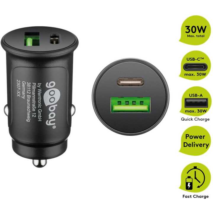 Incarcator auto 12/24V bricheta - DUAL USB A QC3.0/USB TYPE C FAST CHARGER PD 30W 55634 Goobay