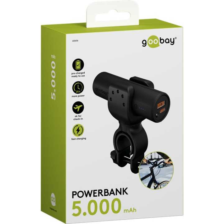 Power Bank 5.0 5000mAh suport pentru bicicleta negru USB-A/USB type C 3A 60656 Goobay