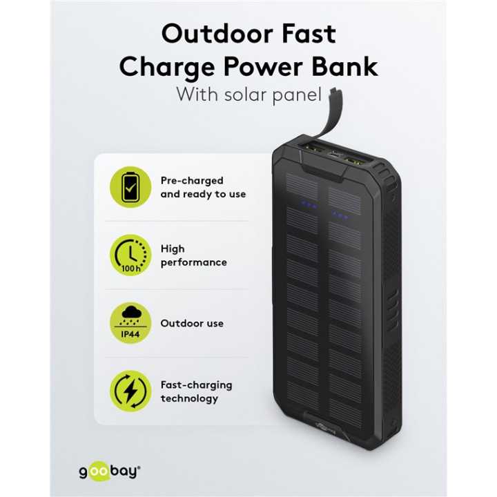 Power Bank SOLAR 20000mAh USB type C FAST CHARGE PD QC3.0 53934 Goobay