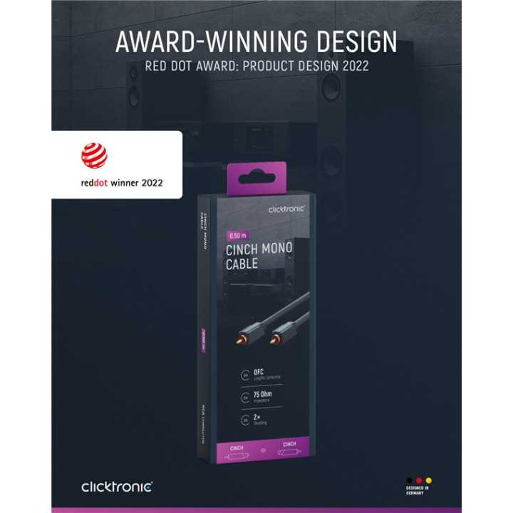 Cablu Profesional CLICKTRONIC audio 1x RCA 0.5m tata-tata aurit OFC cupru COAX 75 ohm Dublu ecranat 70442