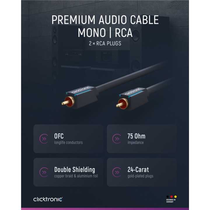 Cablu Profesional CLICKTRONIC audio 1x RCA 0.5m tata-tata aurit OFC cupru COAX 75 ohm Dublu ecranat 70442