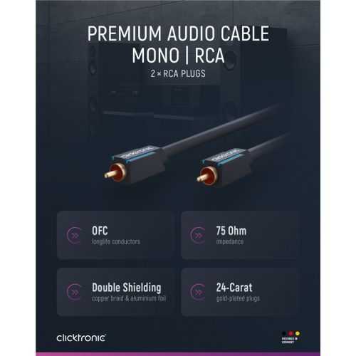 Cablu Profesional CLICKTRONIC audio 1x RCA 1m tata-tata aurit OFC cupru COAX 75 ohm Dublu ecranat 70443