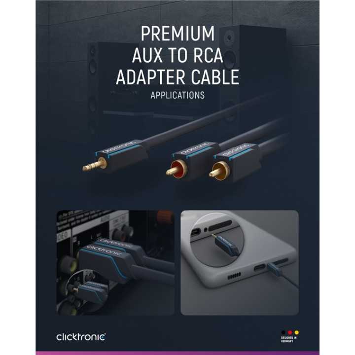 Cablu Profesional CLICKTRONIC audio STEREO JACK 3.5 mm AUX tata la 2x RCA tata STEREO 3m OFC COAX 50 ohm 70468 CLICKTRONIC
