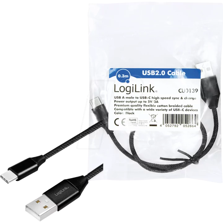 Cablu USB 2.0 A - USB type C 0.3m negru LOGILINK CU0139