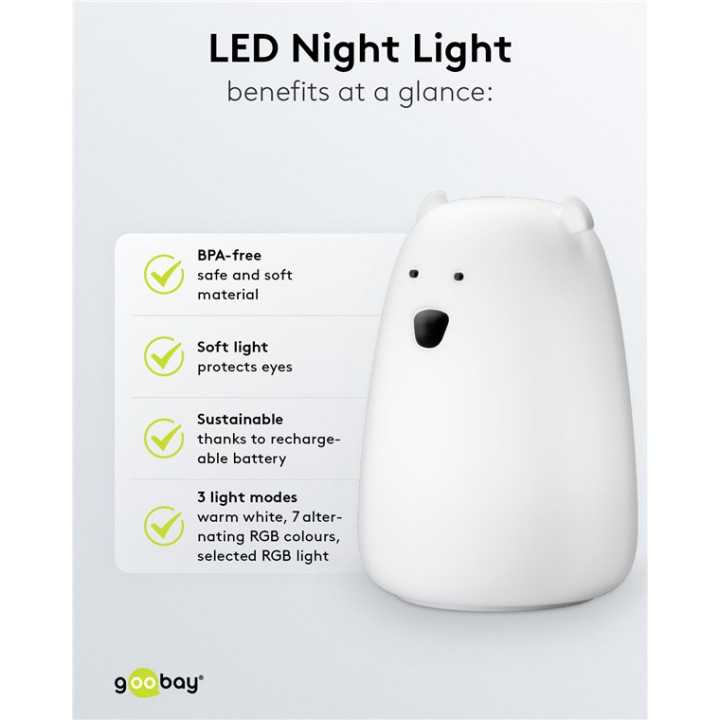 Luminã de noapte cu LED Ursul polar 7 culori 3 moduri lumina cu acumulator Goobay 61647