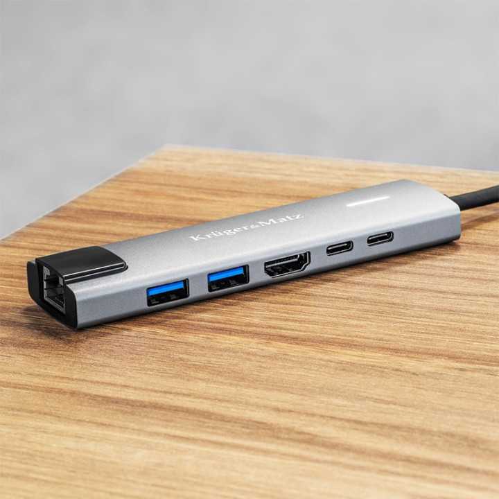 HUB 6in1 USB TYPE C - HDMI v1.4 3840x2160px 30Hz + 2x USB3.0/2.0 + 2x USB TYPE C + RJ45 Kruger&Matz
