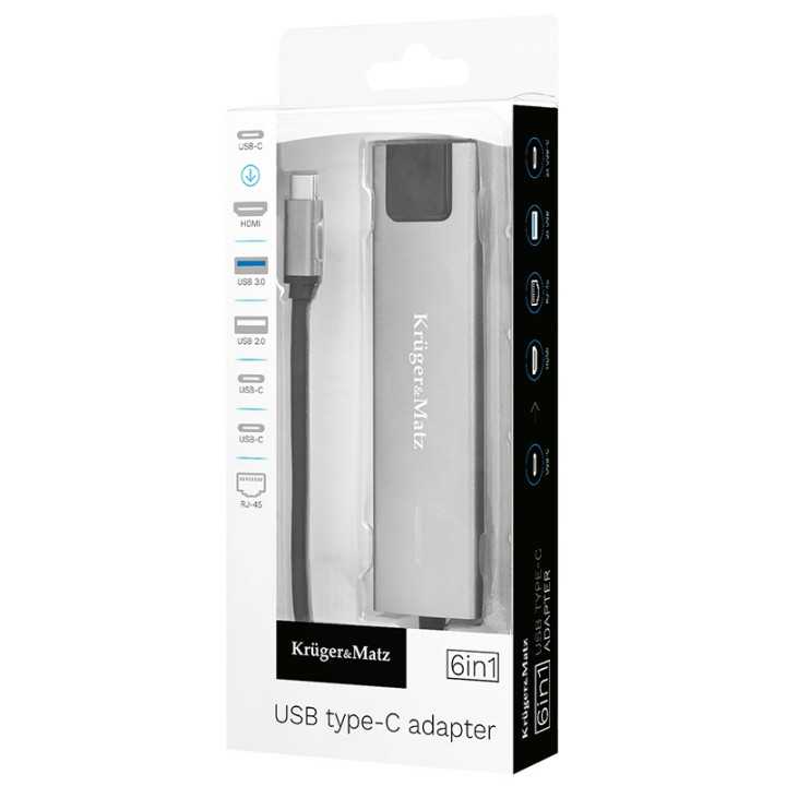 HUB 6in1 USB TYPE C - HDMI v1.4 3840x2160px 30Hz + 2x USB3.0/2.0 + 2x USB TYPE C + RJ45 Kruger&Matz