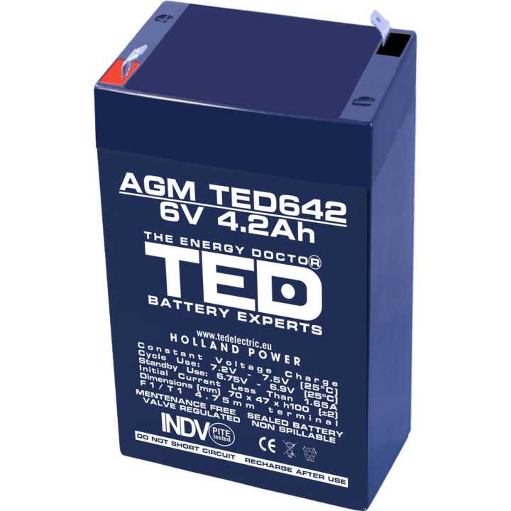 Acumulator AGM VRLA 6V 4.2Ah plumb acid 70x47x100 mm F1 terminal TED Battery Expert Holland