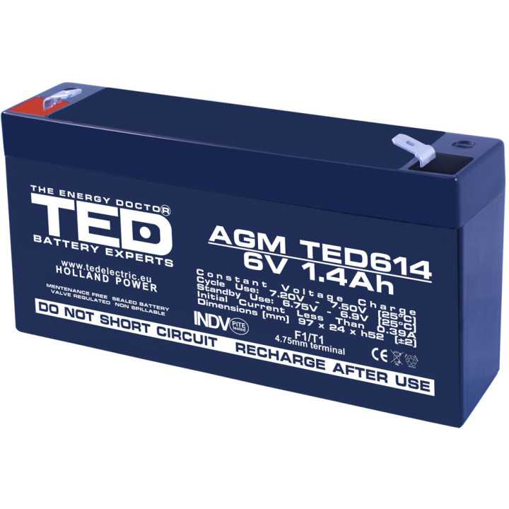 Acumulator AGM VRLA 6V 1.4Ah plumb acid 97x24x52 mm F1 terminal TED Battery Expert Holland