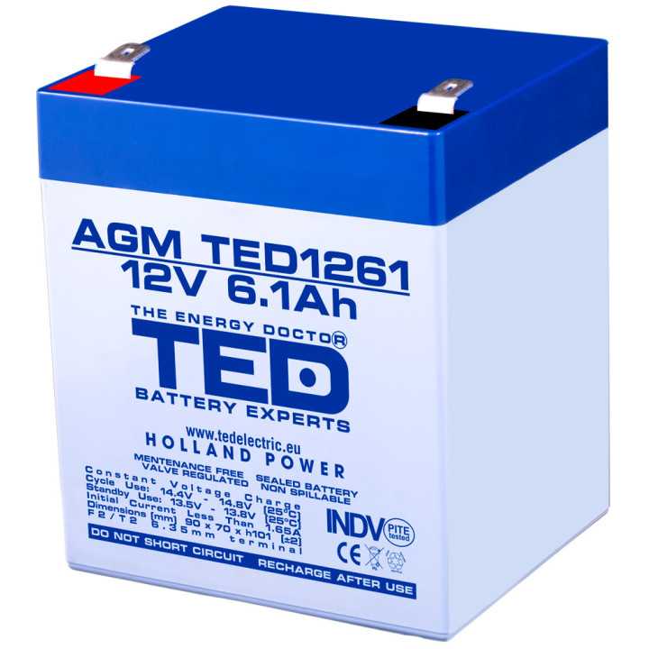 Acumulator AGM VRLA 12V 6.1Ah plumb acid 90x70x98 mm F2 terminal TED Battery Expert Holland
