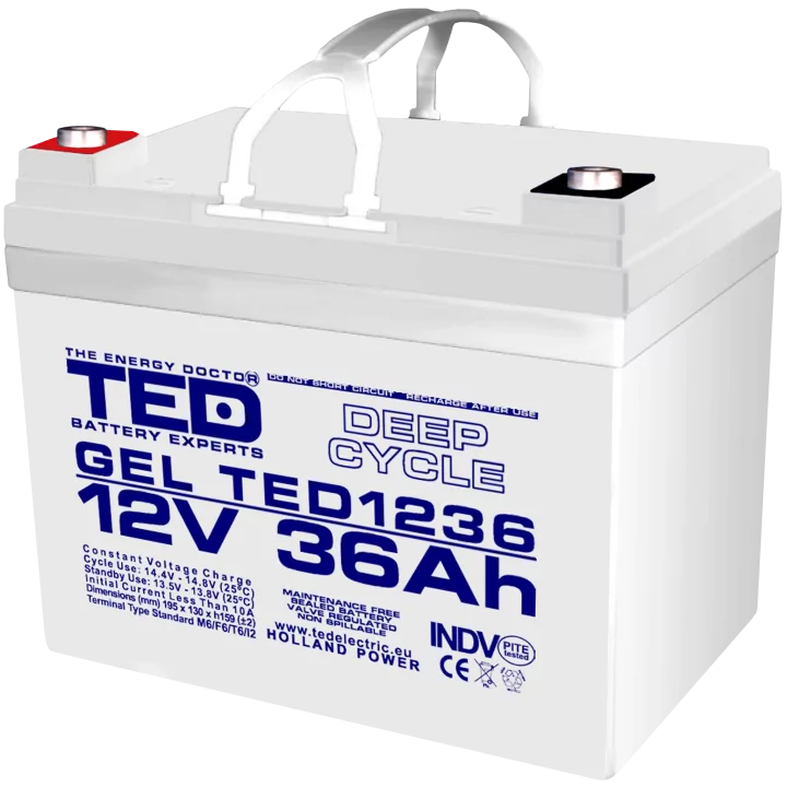 Acumulator AGM VRLA 12V 36Ah Plumb GEL Deep Cycle 195x128x155 mm M6 terminal TED Battery Expert Holland